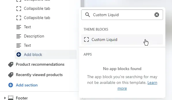 Screenshot showing how to add a Custom Liquid block in the Shopify theme builder