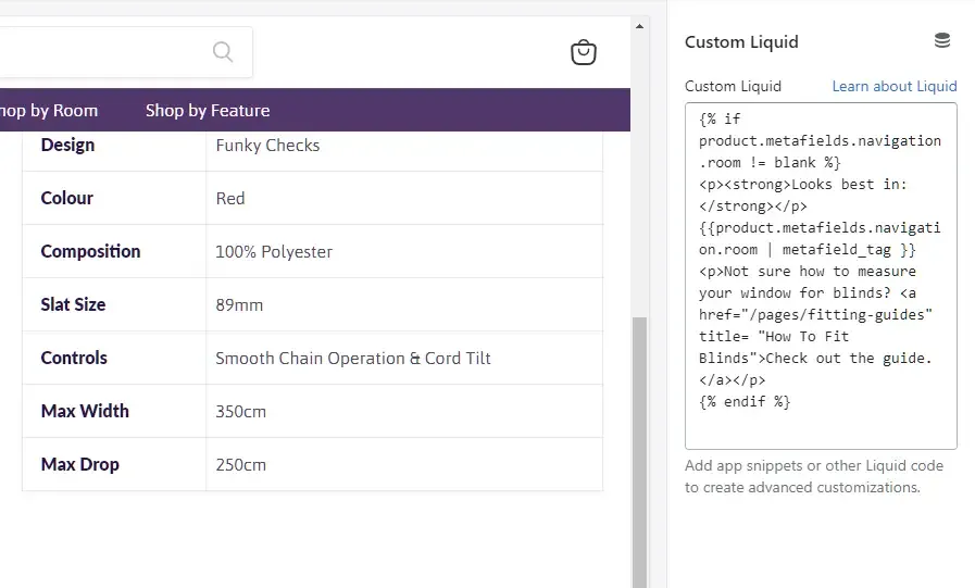 Screenshot showing Liquid code pasted into a Custom Liquid block in the Shopify theme builder