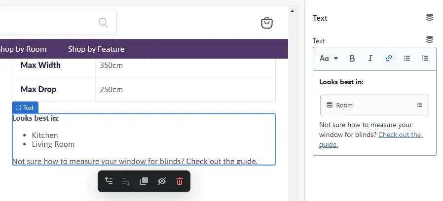 Screenshot showing a metafield displayed on a product page preview within the Shopify theme builder