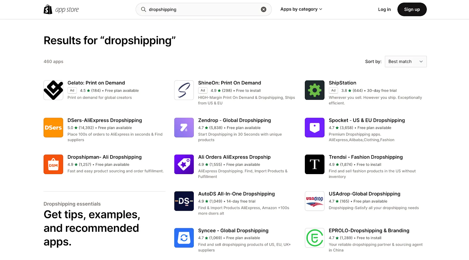Screenshot of Shopify App Store results for dropshipping apps