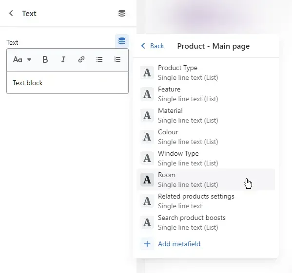 Screenshot showing the 'Insert dynamic source' icon in the Shopify theme builder text block settings