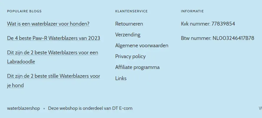 Example of links to articles in a Shopify footer