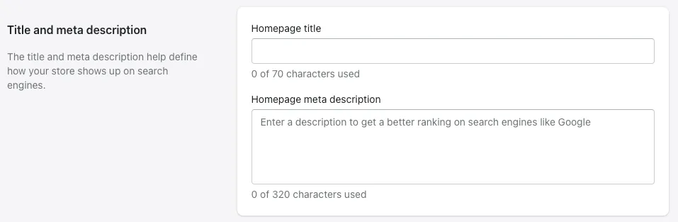 Screenshot showing Shopify homepage SEO settings.