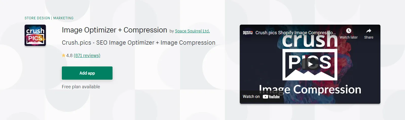 Screenshot of the Crush.pics app listing on the Shopify App Store.