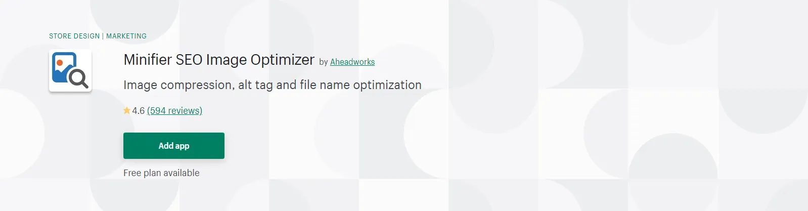 Screenshot of the Minifier app listing on the Shopify App Store.