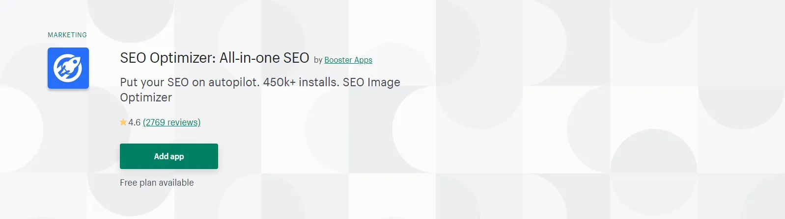 Screenshot of the SEO Optimizer app listing on the Shopify App Store.
