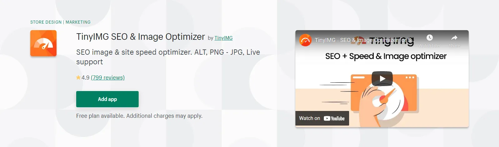 Screenshot of the TinyIMG app listing on the Shopify App Store.