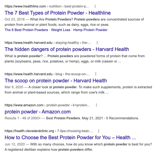 Screenshot of Google search results for 'protein powder'.
