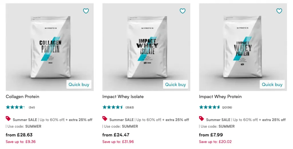 Screenshot of a MyProtein category page for chocolate protein powders.