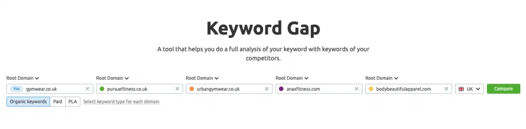 Screenshot of the SEMRush Keyword Gap tool input interface.
