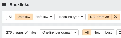 Screenshot showing filters applied in Ahrefs Content Explorer.