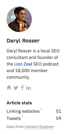 Screenshot of the author bio sidebar on an Ahrefs guest post, including links to the author's website.