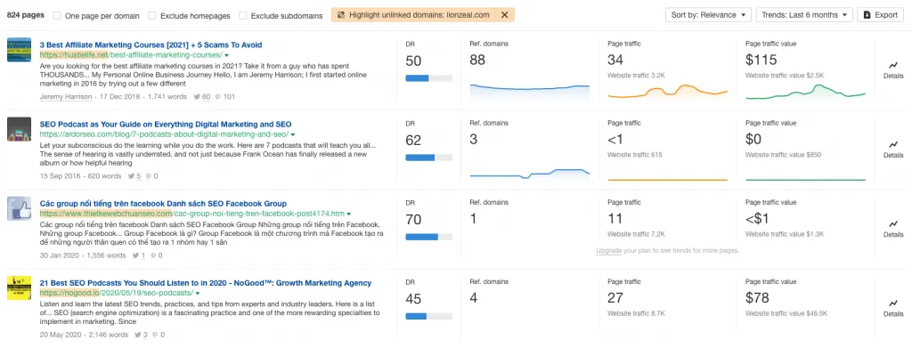 Screenshot of Ahrefs Content Explorer showing the option to highlight unlinked domains.