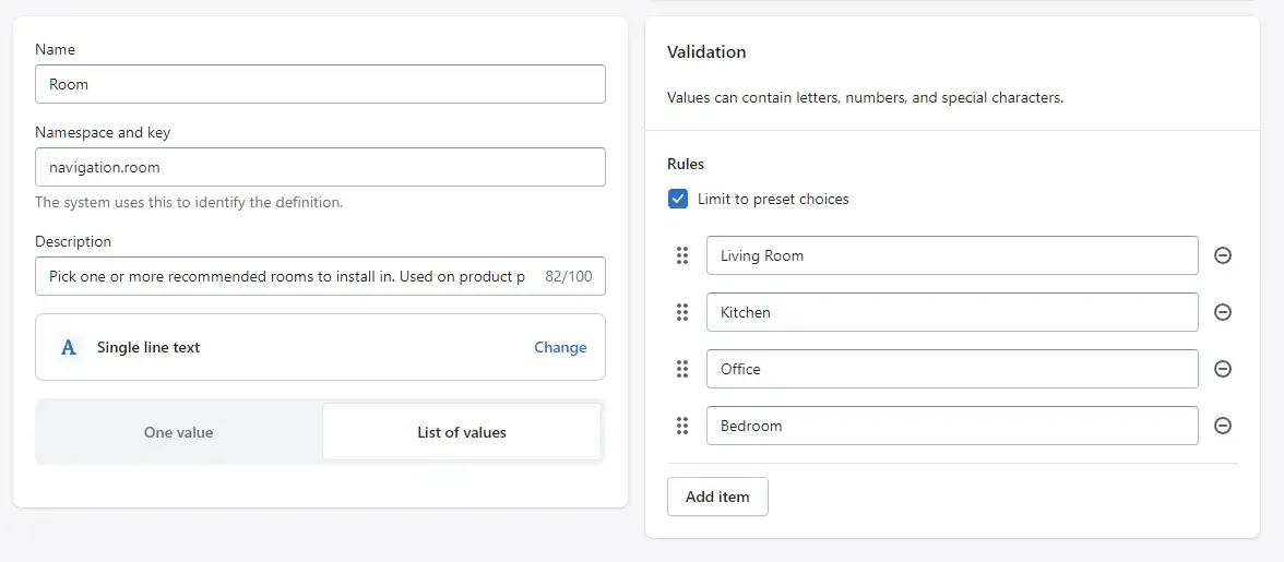 Screenshot showing a custom metafield definition for 'Room' in Shopify with multiple value options
