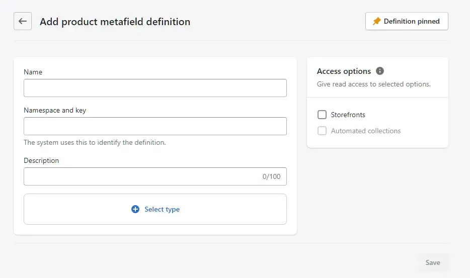 Screenshot of the Shopify metafield definition setup screen