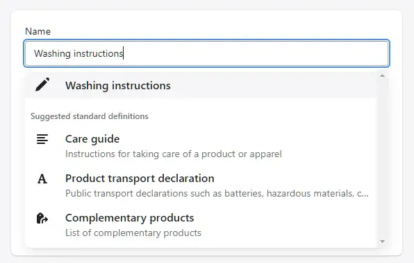 Screenshot showing standard metafield definition suggestion in Shopify