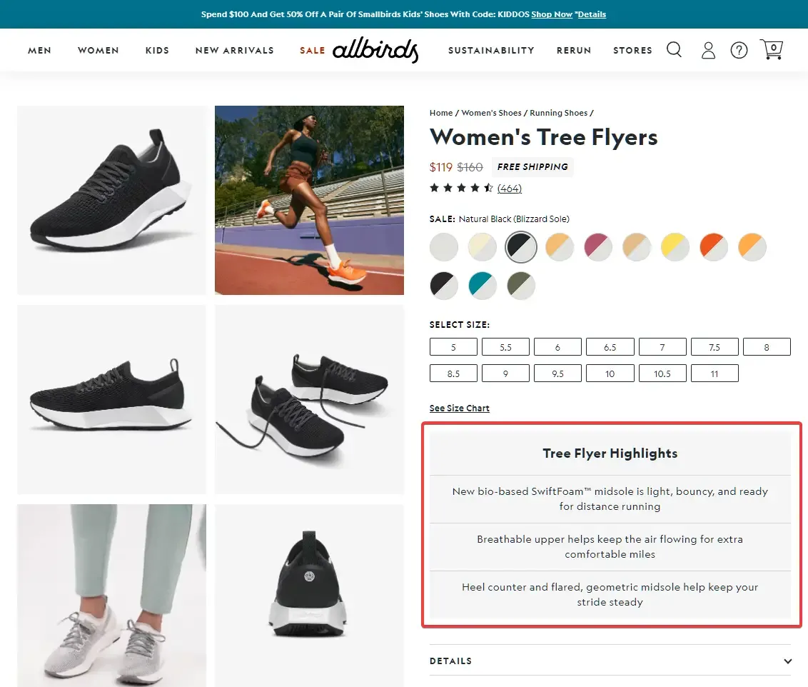 Screenshot showing metafields being used for product features like unique features or care guides