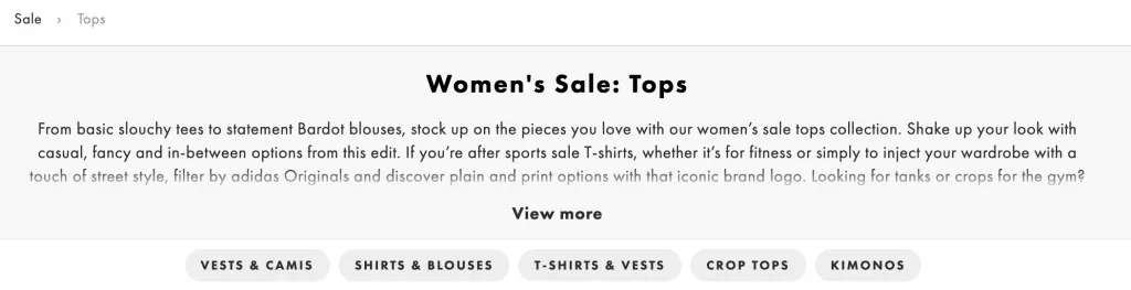 Screenshot of ASOS category description with a 'Read More' link.