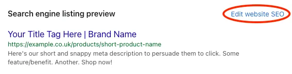 Screenshot showing the 'Edit Website SEO' section in Shopify admin.