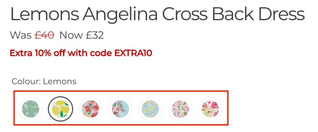 Screenshot showing product variant links.