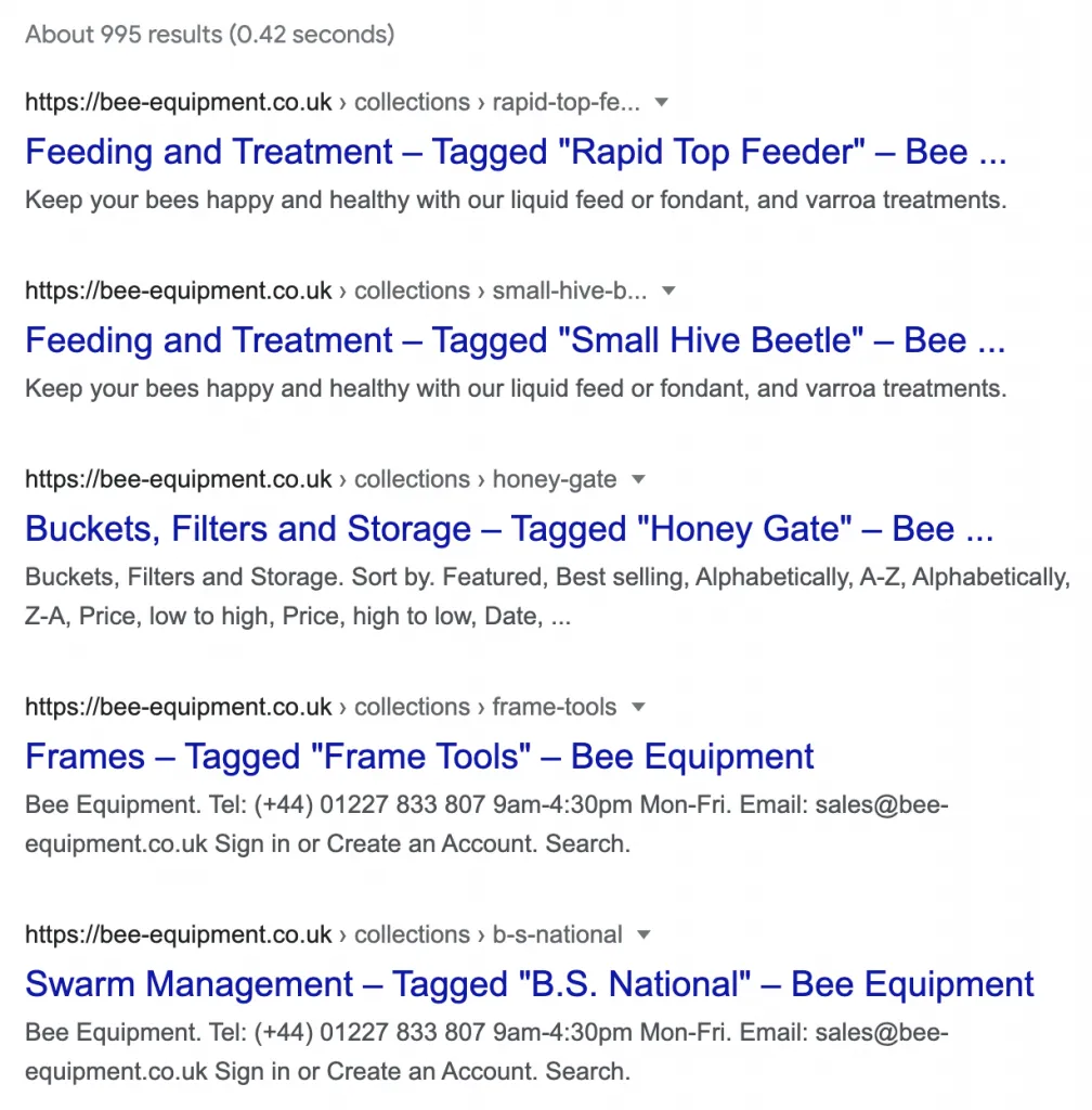 Screenshot showing indexed tag pages in Google Search Console.
