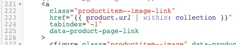Screenshot highlighting 'within: collection' code in Shopify theme file.