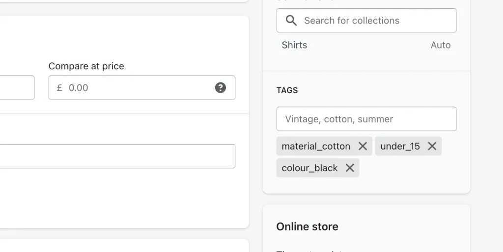 Screenshot of the product tags section in the Shopify admin.