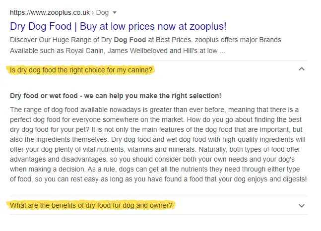 Screenshot of a search result showing an FAQ rich snippet with expandable questions and answers.