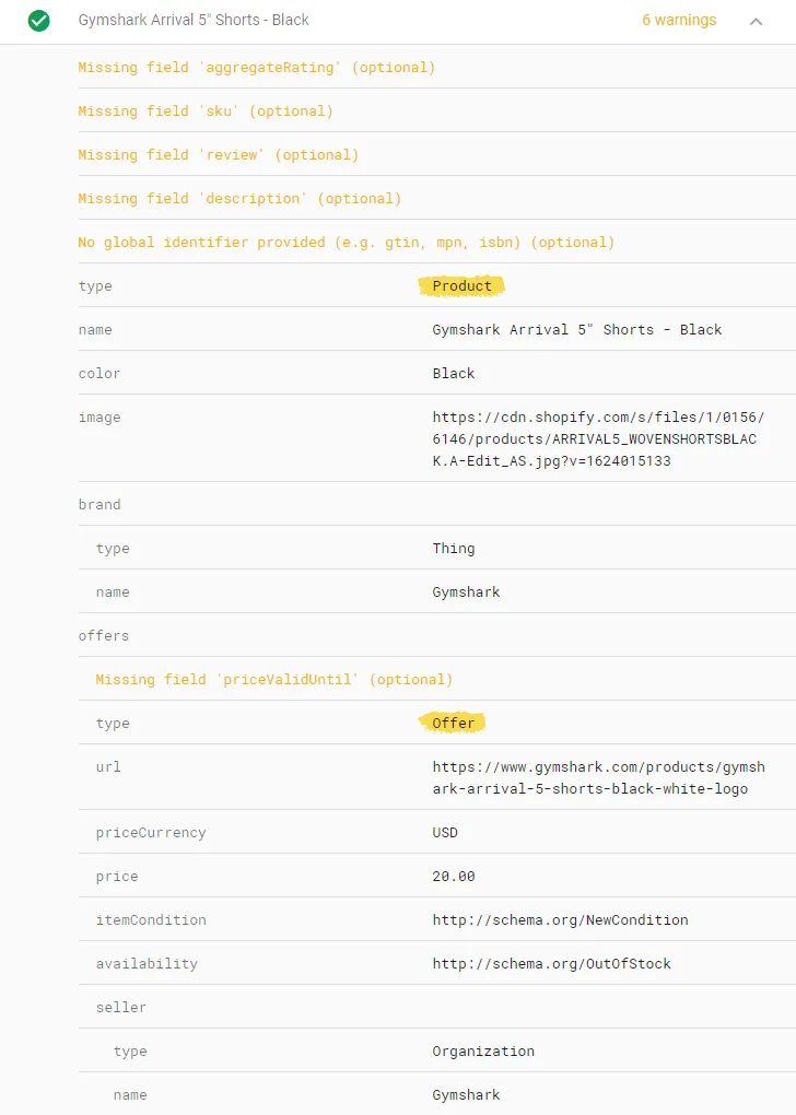 Screenshot showing details of Product and Offer schema detected by the Rich Results Test.