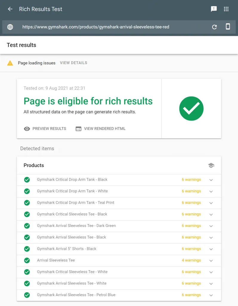 Screenshot of a Rich Results test report showing eligible rich results.