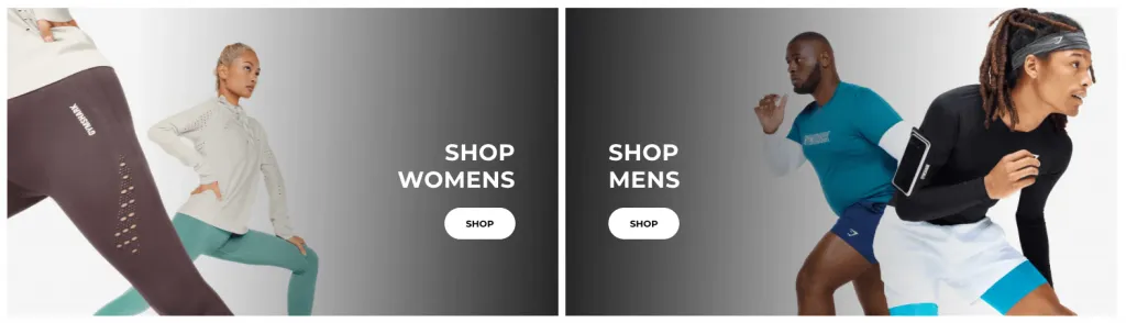 Example of a collection grid on a Shopify homepage with 'Shop Womens' and 'Shop Mens' categories