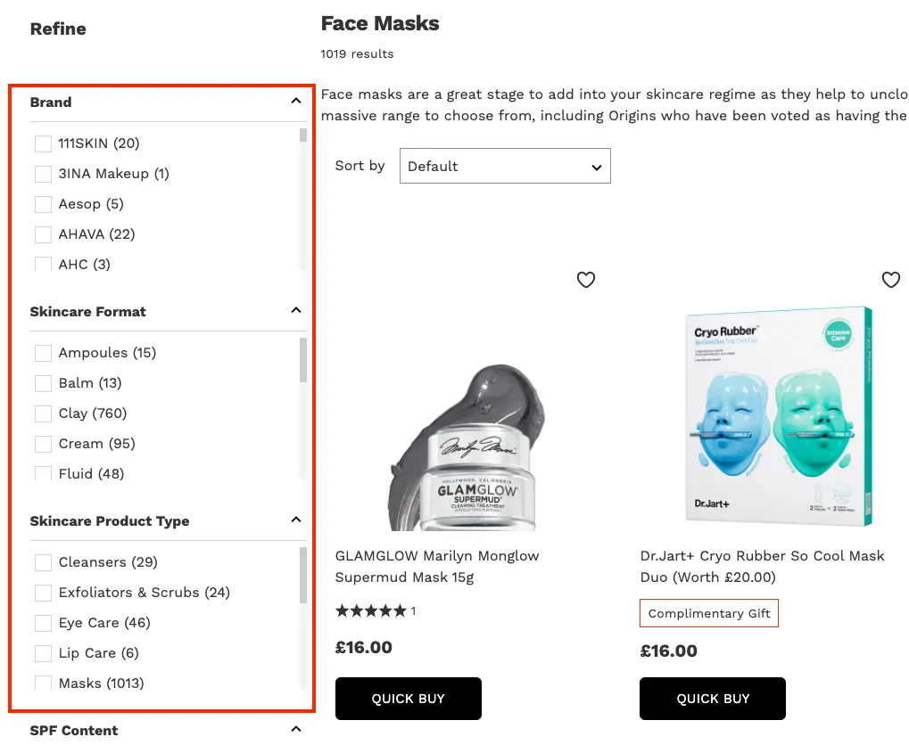 Screenshot of a website's faceted navigation sidebar with various filter options.