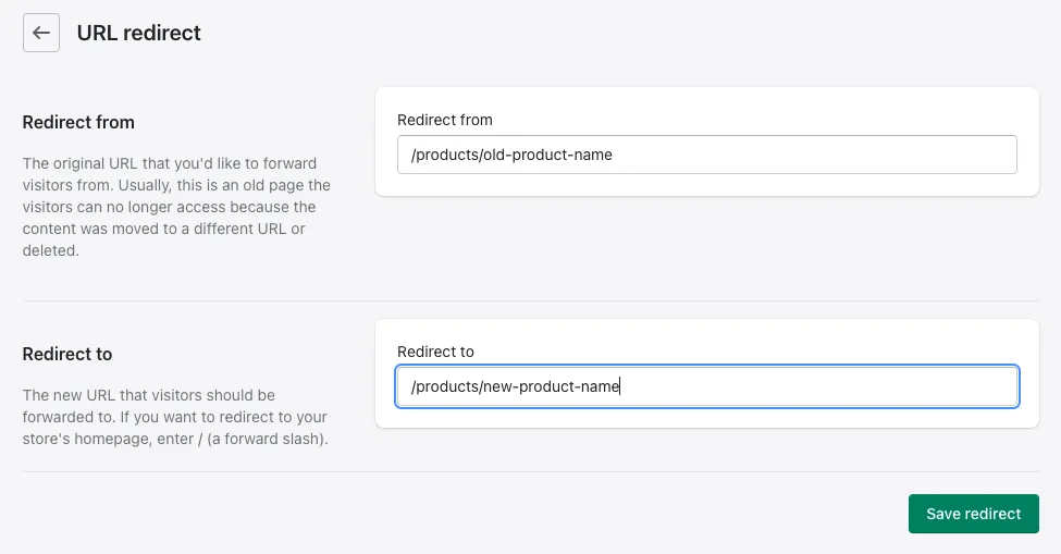 Screenshot of the Shopify URL redirect creation form.