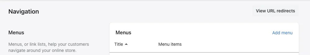 Screenshot showing the 'View URL Redirects' link in Shopify Navigation settings.