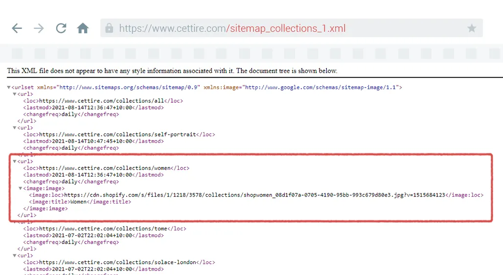 Example of a Shopify child sitemap for collections