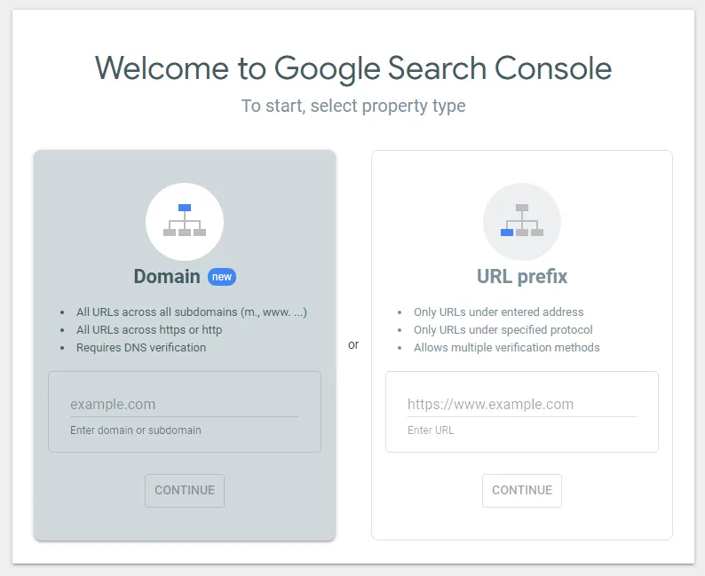 Google Search Console welcome screen