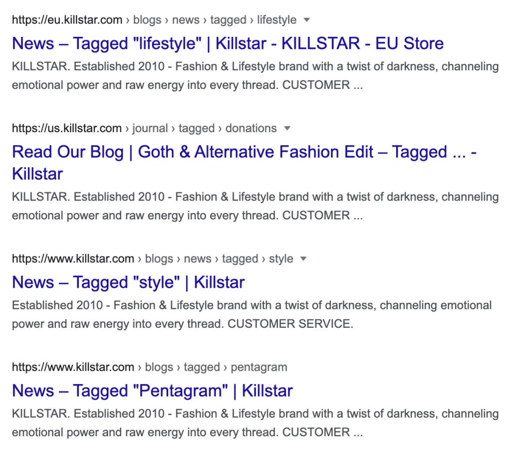 Screenshot of Google search results showing URLs containing 'tagged' indicative of blog tag pages.