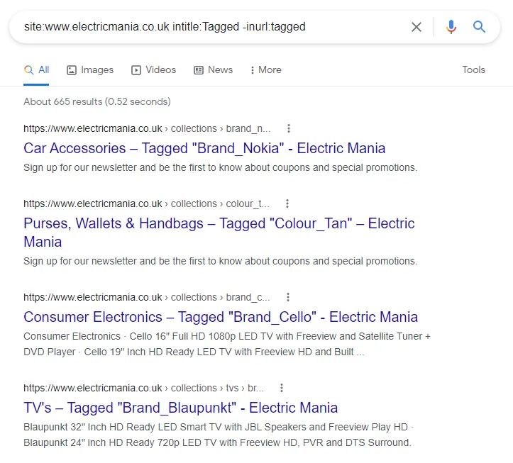 Screenshot of Google search results showing pages with 'Tagged' in the title and URL structure indicating product tags.