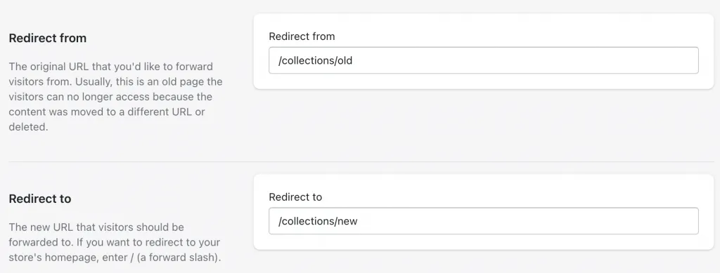 Screenshot of the URL redirect settings page in Shopify.