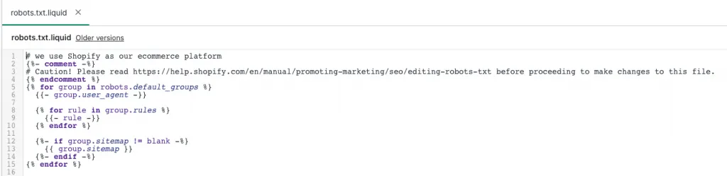 Screenshot of the default robots.txt.liquid file content in Shopify.