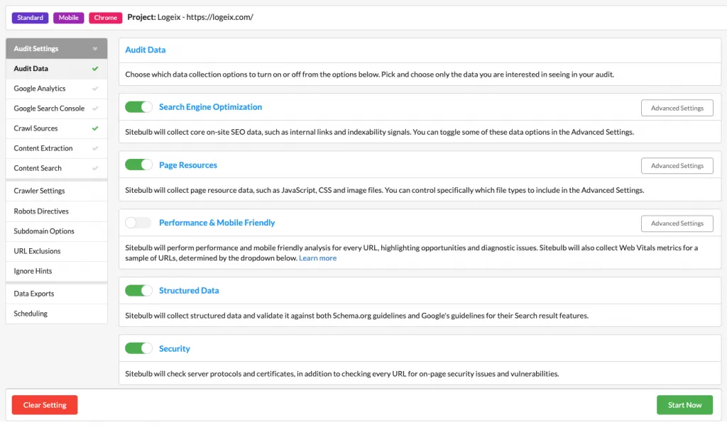 Screenshot of Sitebulb crawl settings.