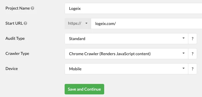 Screenshot of the Sitebulb project details input screen.