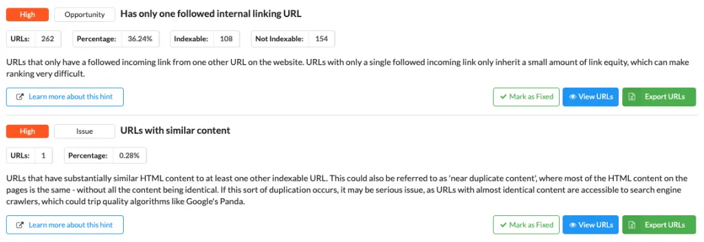 Screenshot highlighting the 'View Hints' button in Sitebulb.