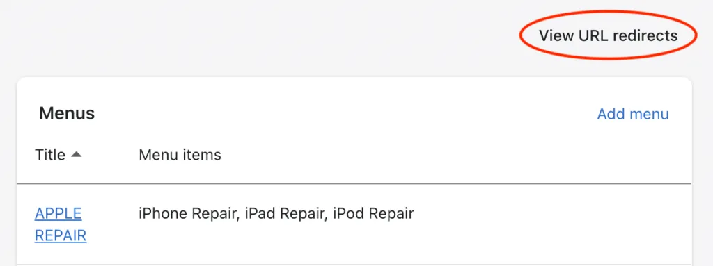 Screenshot showing how to navigate to the URL redirects section in Shopify admin.