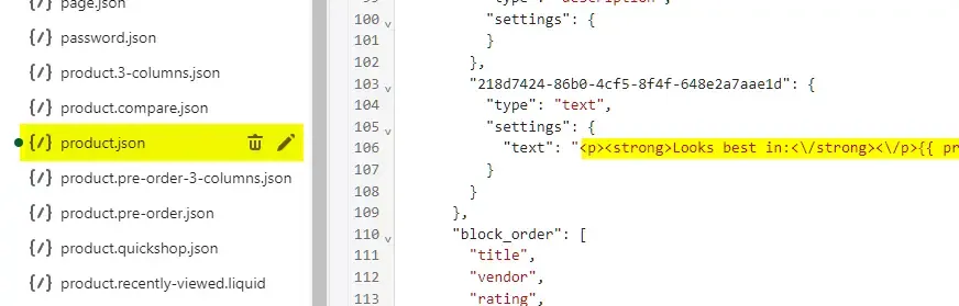 Screenshot showing the code view in the Shopify theme editor, highlighting the code for a text block