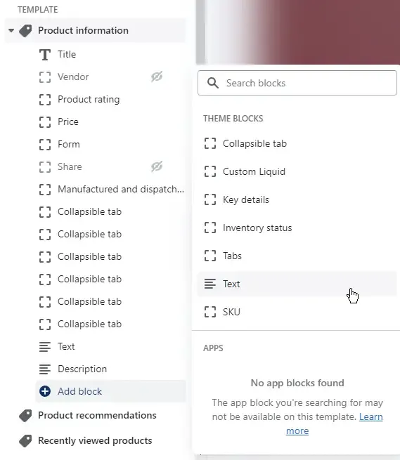 Screenshot showing the option to add a new text block in the Shopify theme builder