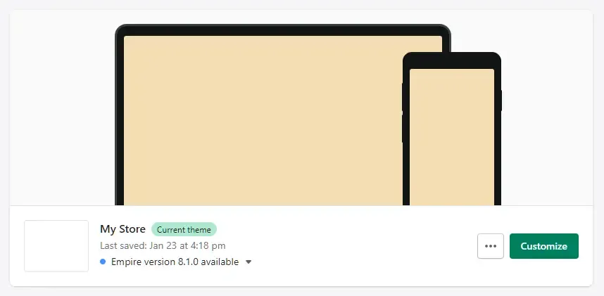 Screenshot of the Shopify themes admin page with the Customize button highlighted