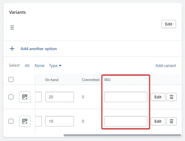 Screenshot showing where to add SKU to product variants in Shopify