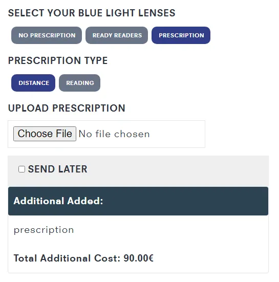 Screenshot showing prescription upload option on Sapphire Eyewear website