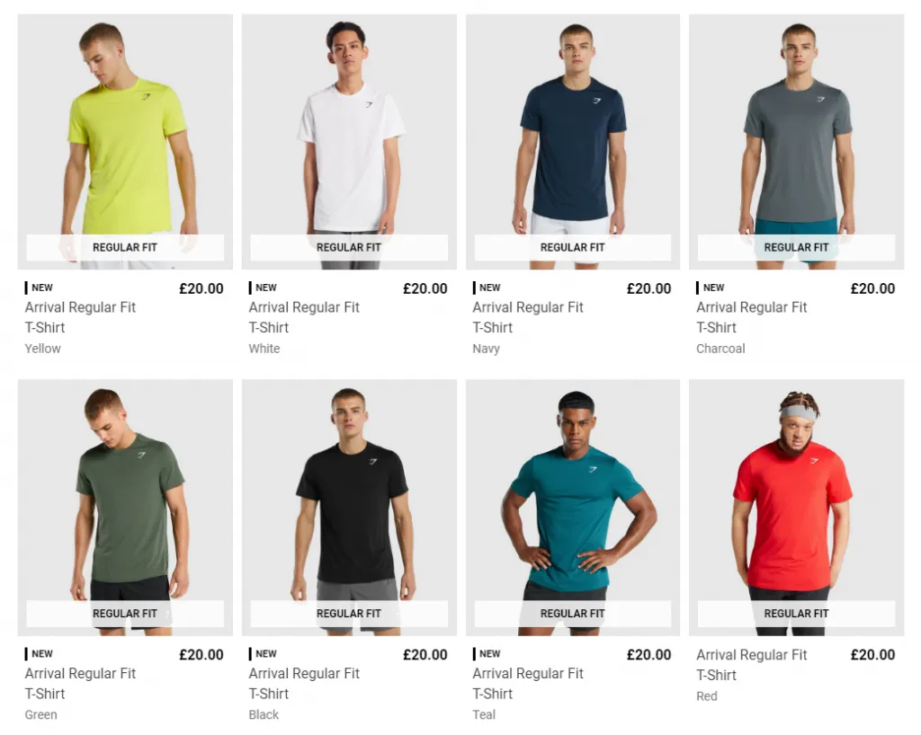 Screenshot of GymShark T-Shirt collection showing different color options as separate products